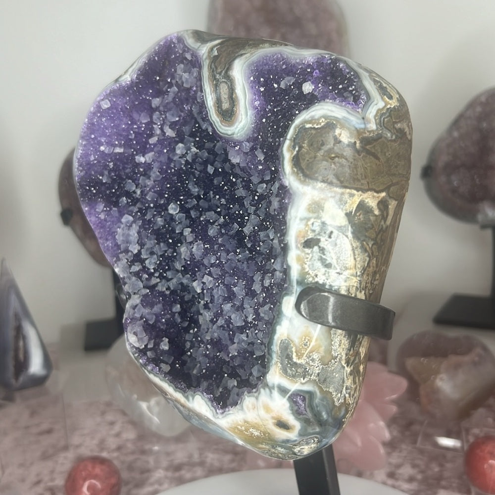 Druzy Galaxy Amethyst with calcite on stand - ADF300