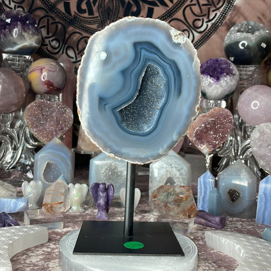 Blue agate on metal stand