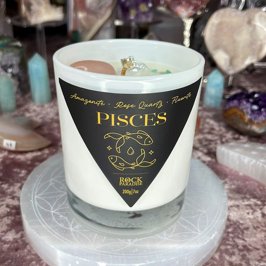 Pisces Candle with Rose Quartz, Fluorite, and Amazonite