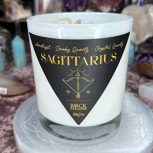 Sagittarius Candle with Amethyst, Crystal Quartz, and Smoky Quartz