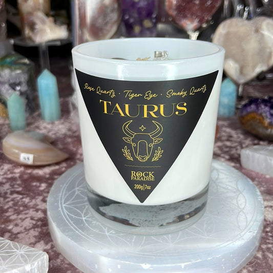 Taurus Candle with Rose Quartz, Smoky Quarts, and Tigers Eye