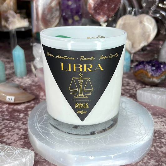 Libra Candle with Green Aventurine, Fluorite, and Rose Quarts