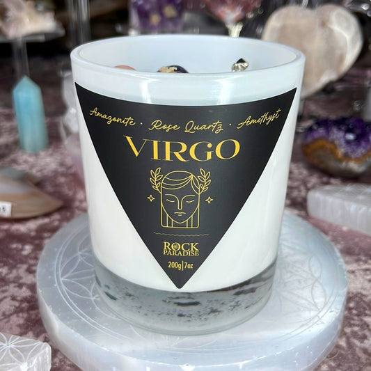 Virgo Candle with Amazonite, Rose Quartz, and Amethyst