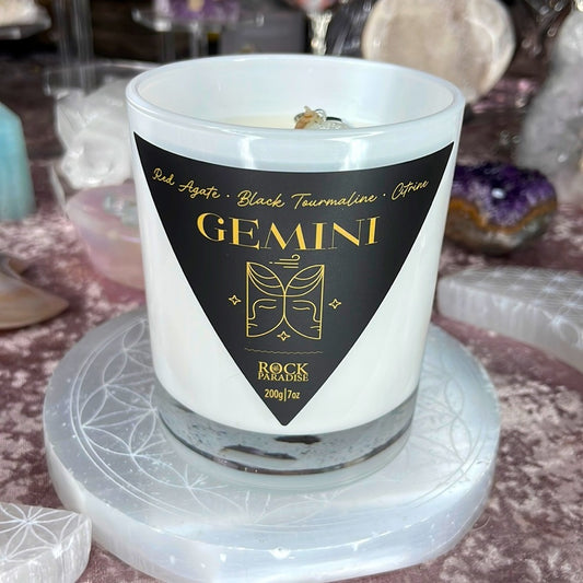 Gemini Candle with Black Tourmaline, Red Agate, and Citrine