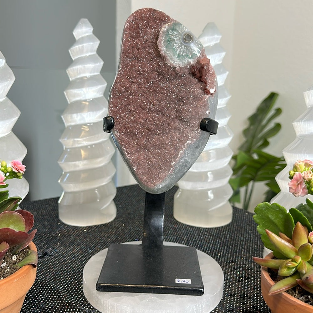 Watermelon Pink Amethyst with Stalicite Eye on Metal Base WPA01