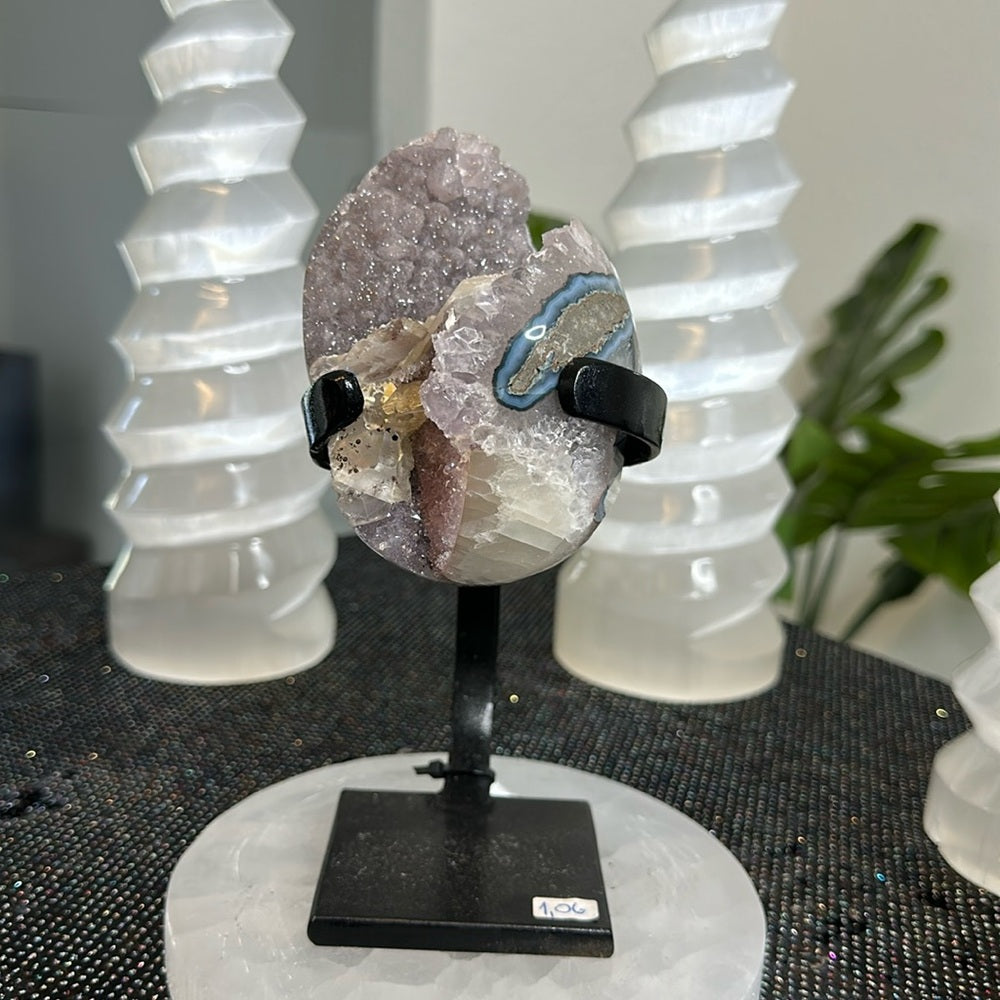 Sugar Rainbow Calcite Amethyst on Metal Base SAC01