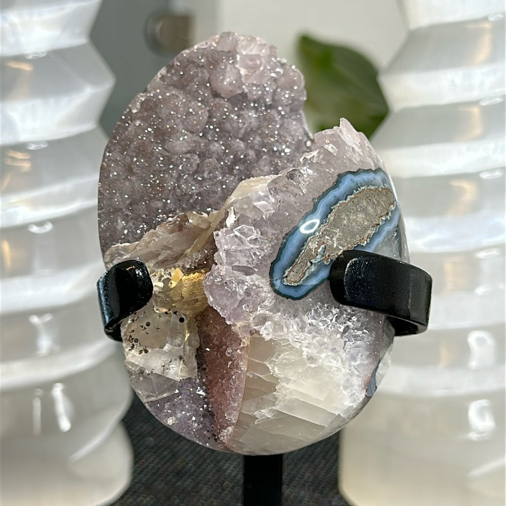 Sugar Rainbow Calcite Amethyst on Metal Base SAC01