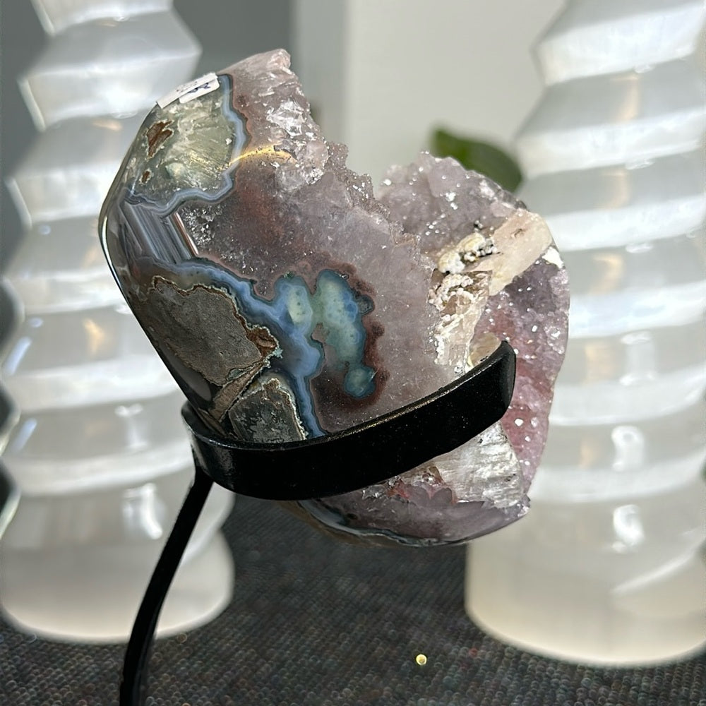 Sugar Rainbow Calcite Amethyst on Metal Base SAC01