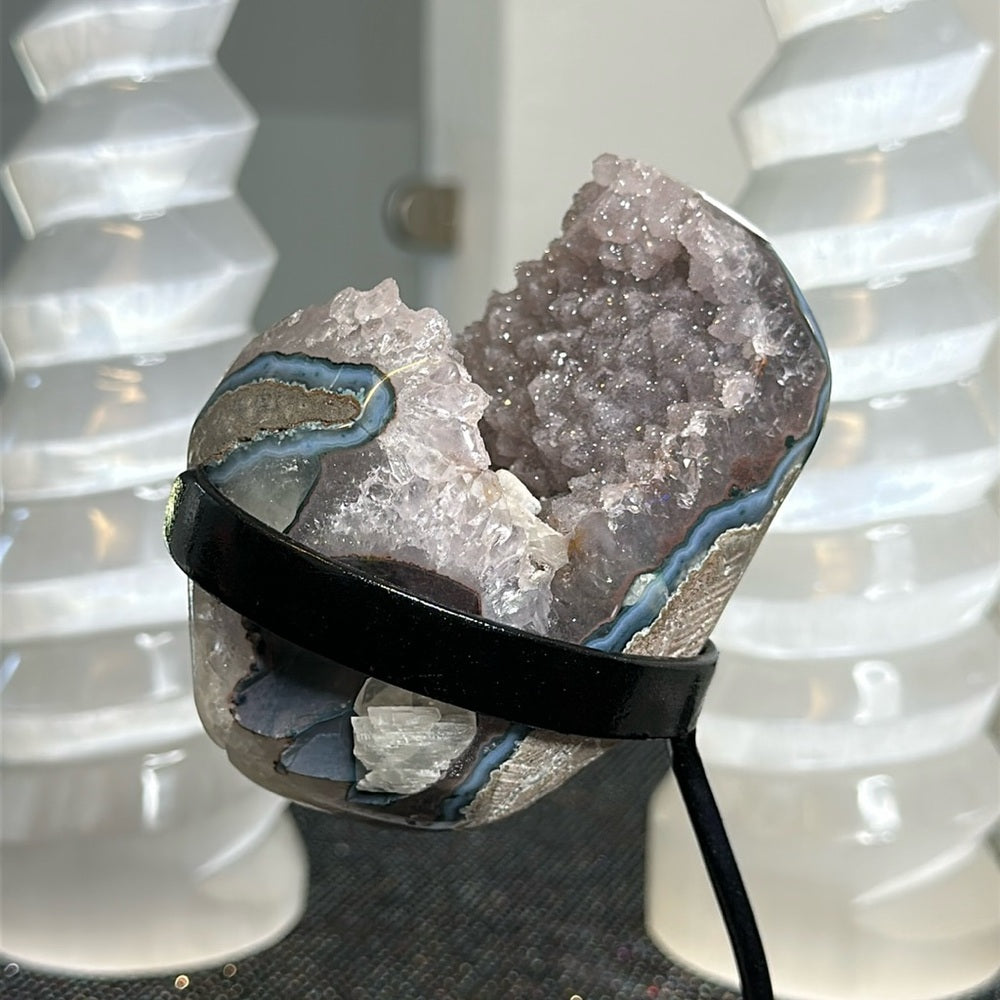 Sugar Rainbow Calcite Amethyst on Metal Base SAC01