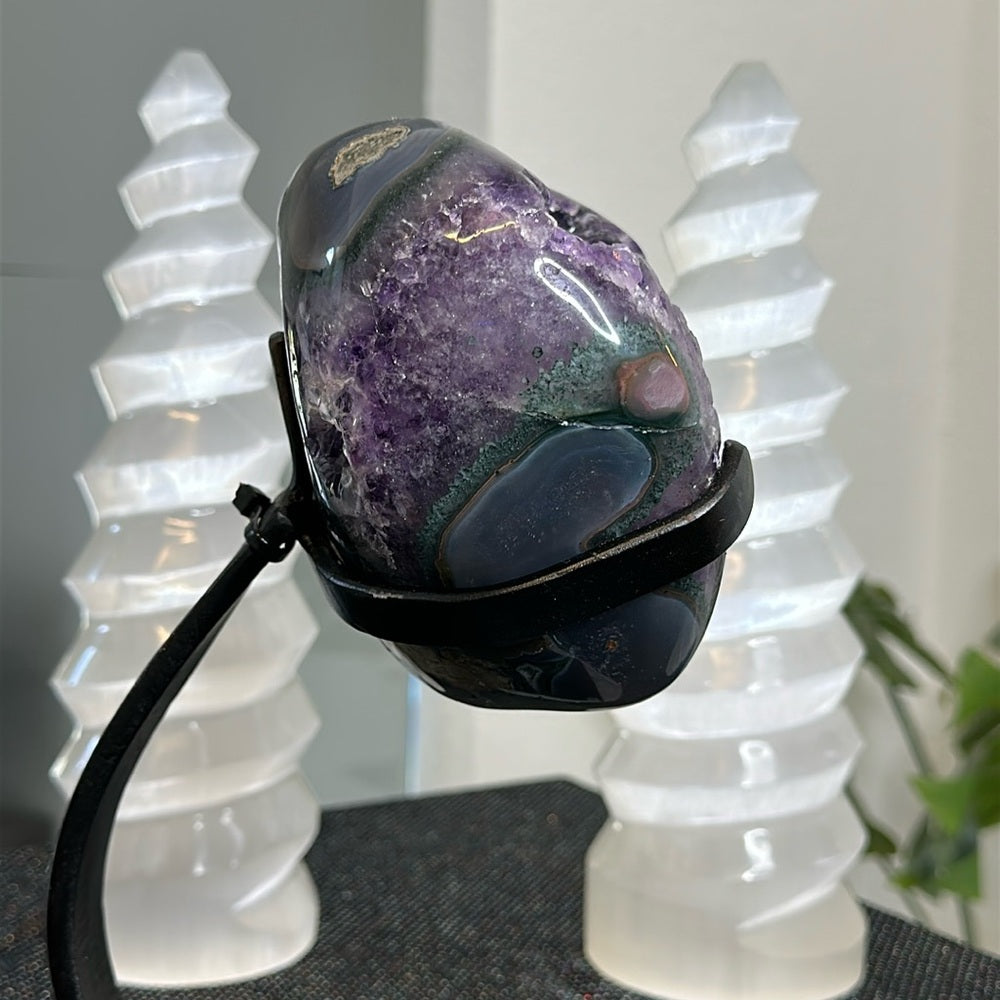 Translucent Amethyst with Green Banding on Metal Base TAG57
