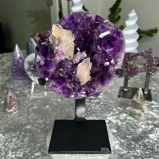 Druzy Deep Purple Amethyst with Flowers & Calcite Statement Piece DDP08