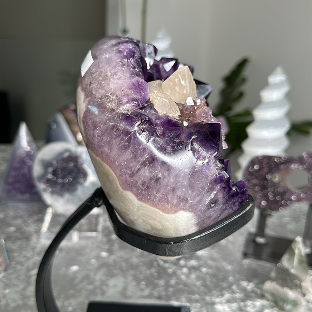 Druzy Deep Purple Amethyst with Flowers & Calcite Statement Piece DDP08