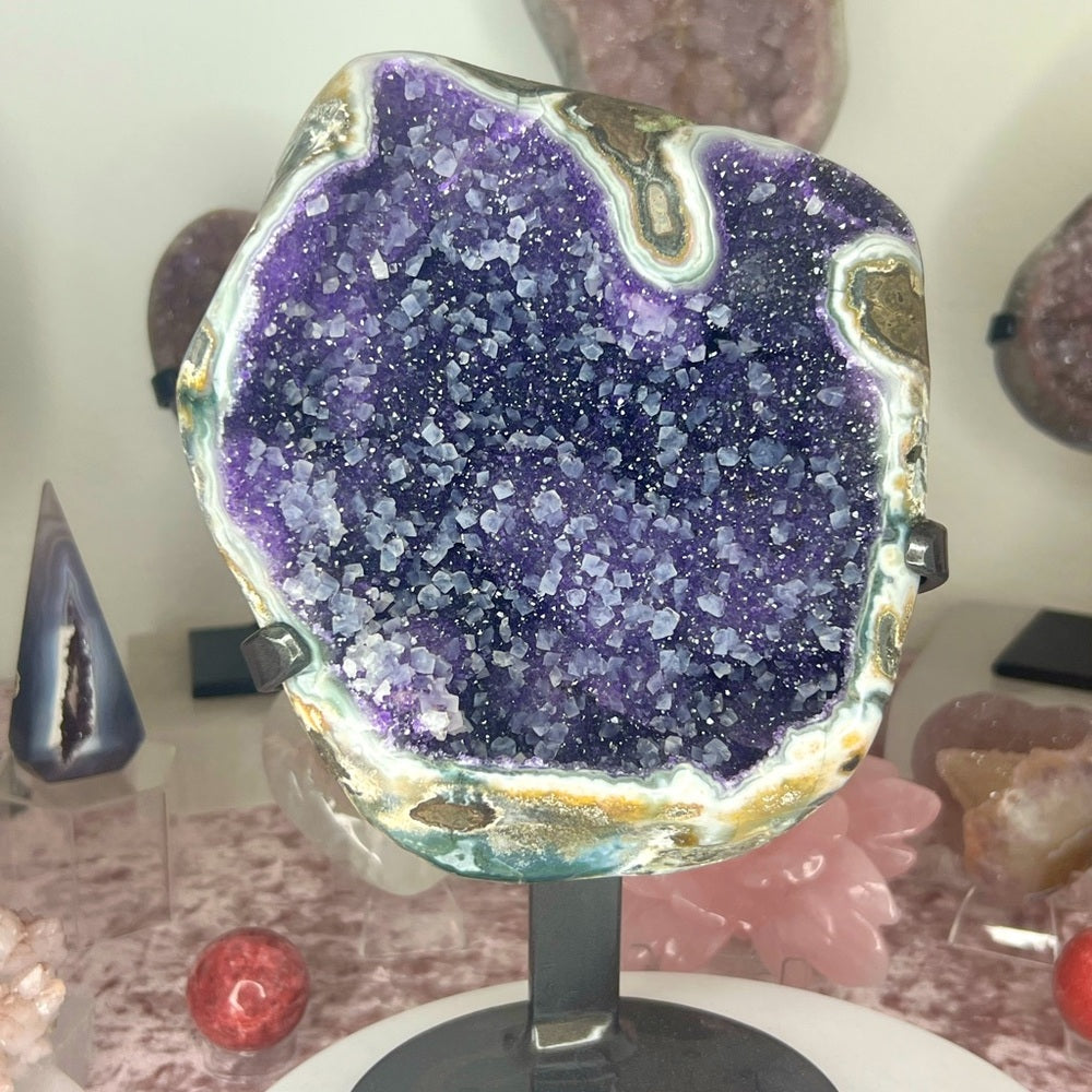 Druzy Galaxy Amethyst with calcite on stand - ADF300
