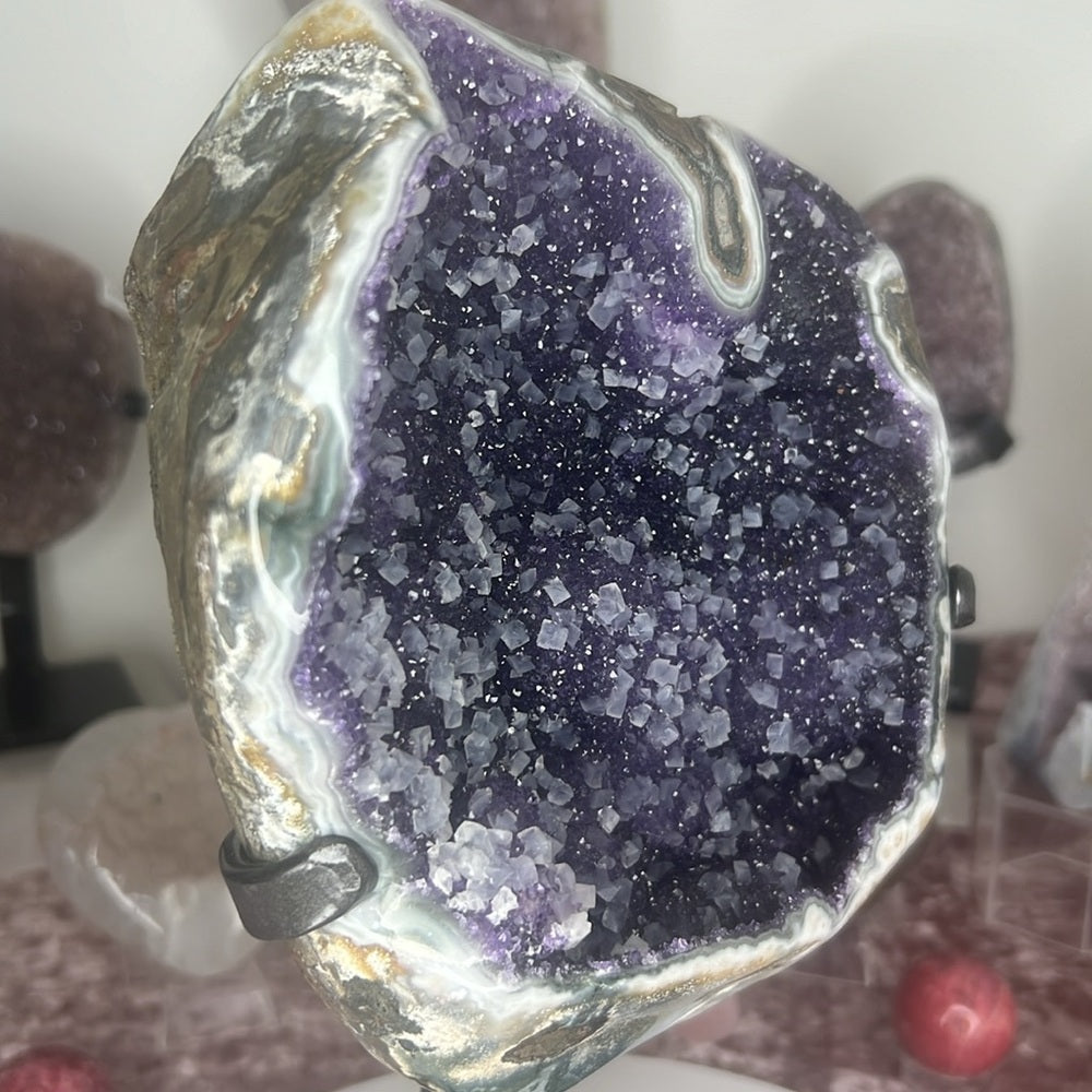 Druzy Galaxy Amethyst with calcite on stand - ADF300