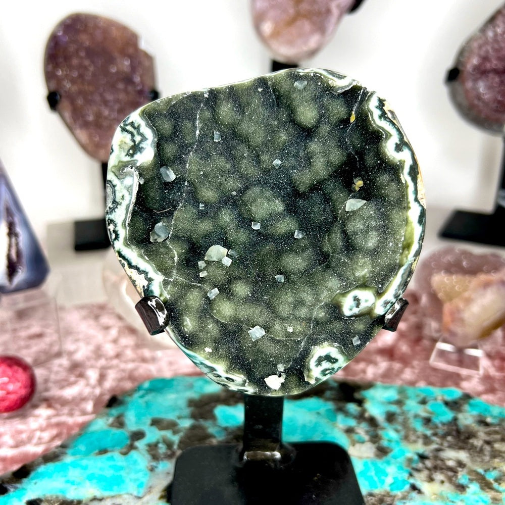 Green Galaxy Amethyst w/ Calcite on Stand- AOS03