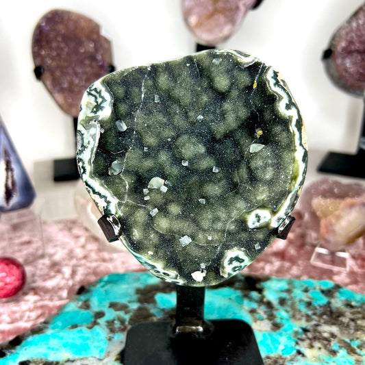Green Galaxy Amethyst w/ Calcite on Stand- AOS03