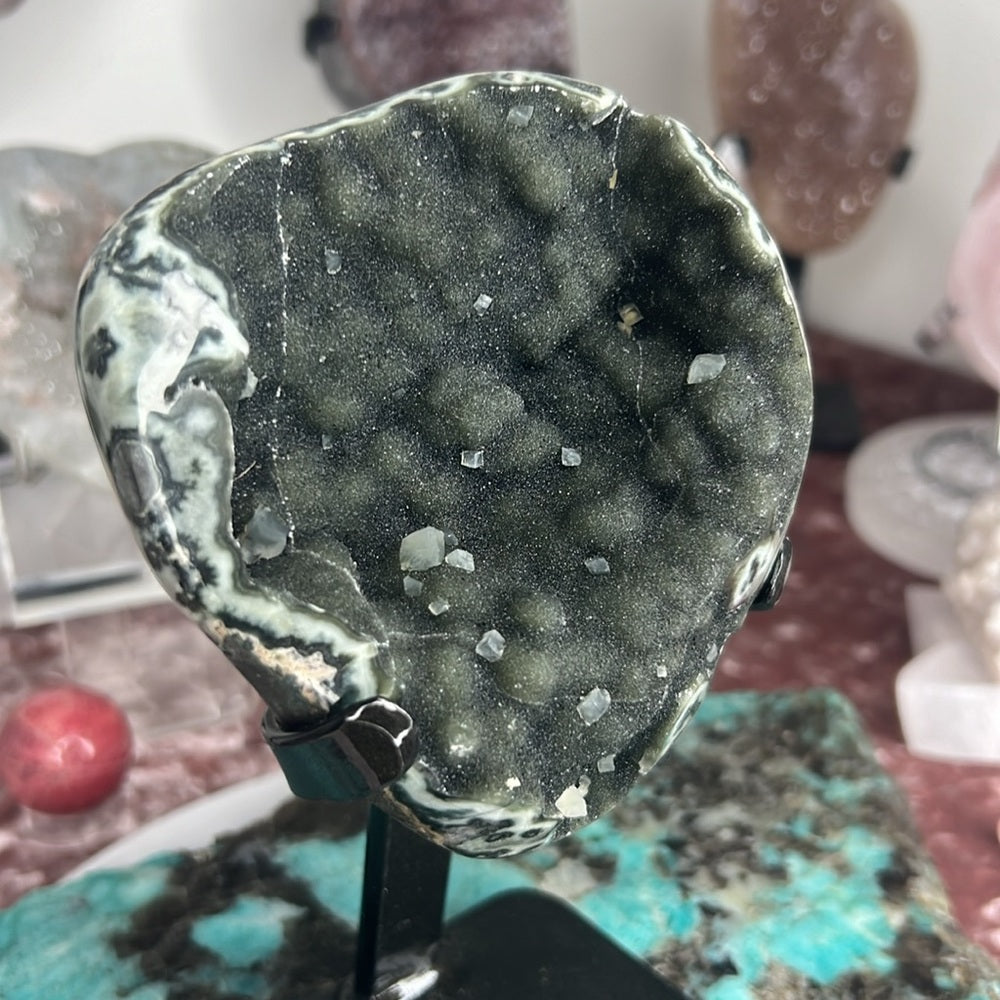 Green Galaxy Amethyst w/ Calcite on Stand- AOS03