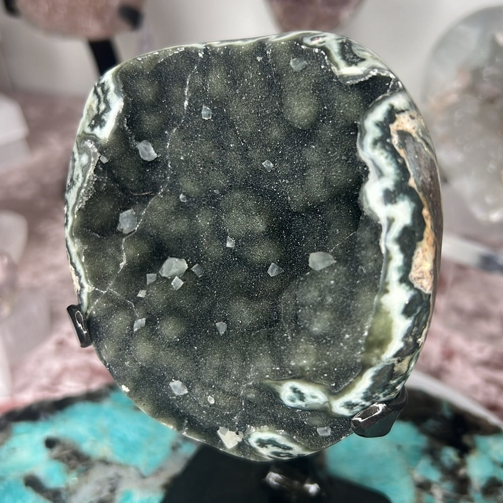 Green Galaxy Amethyst w/ Calcite on Stand- AOS03