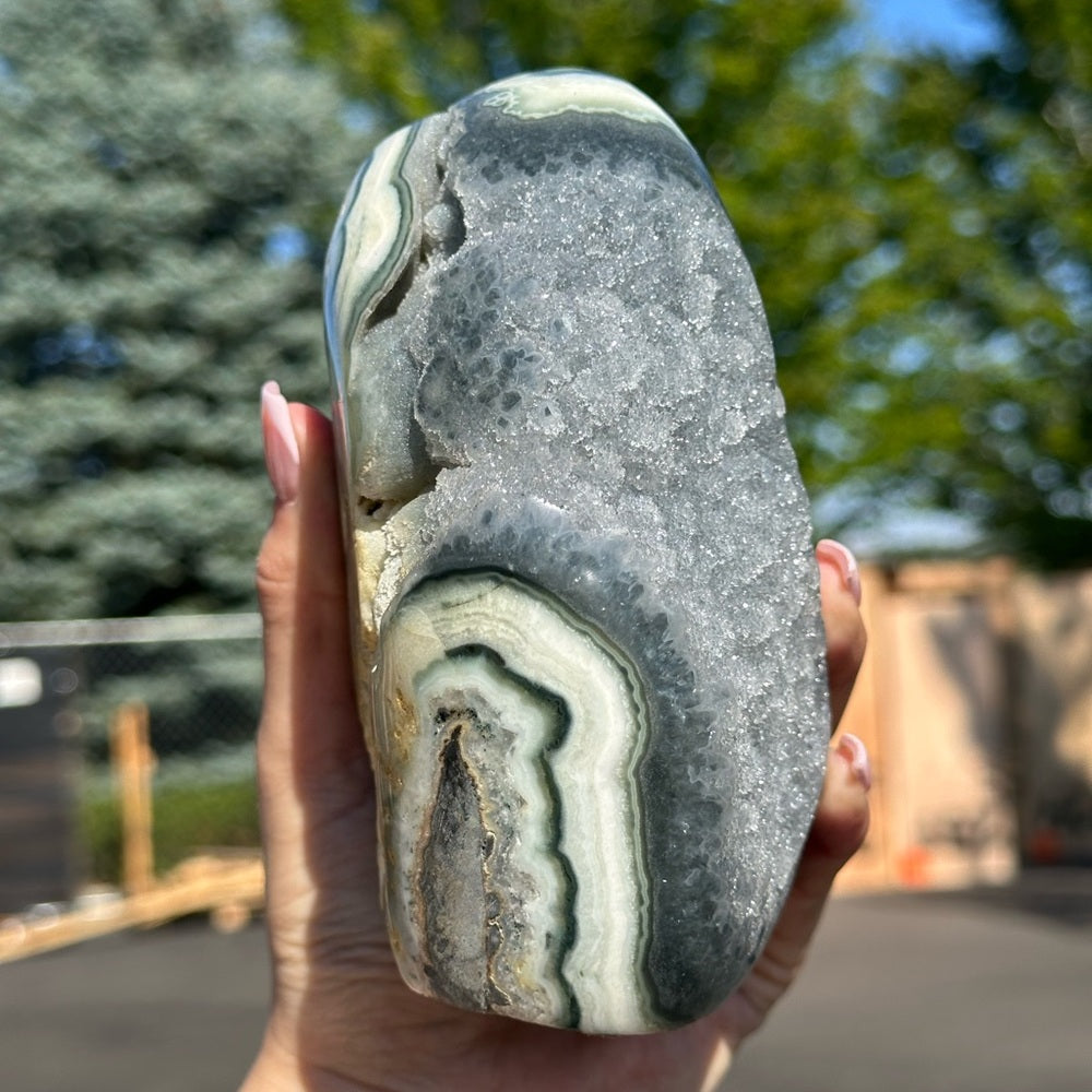 Grey with Green and White Agate Cut Base Crystal 🤍🌈