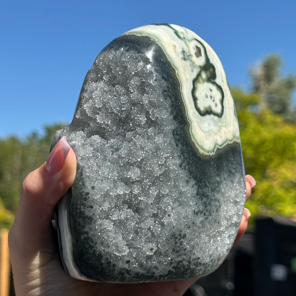 Grey with Green and White Agate Cut Base Crystal 🤍🌈