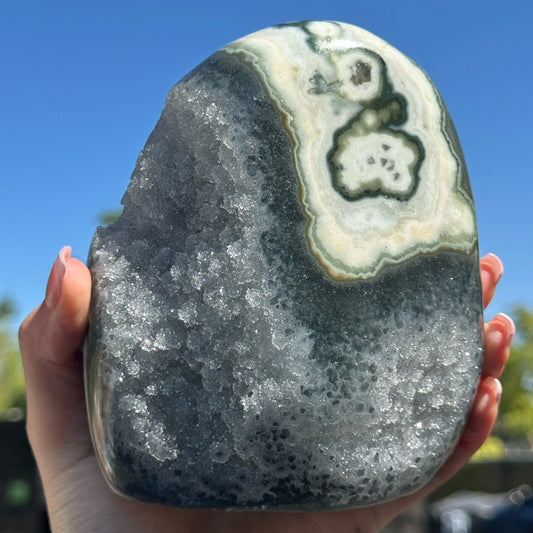 Grey with Green and White Agate Cut Base Crystal 🤍🌈