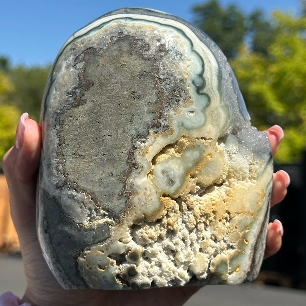 Grey with Green and White Agate Cut Base Crystal 🤍🌈