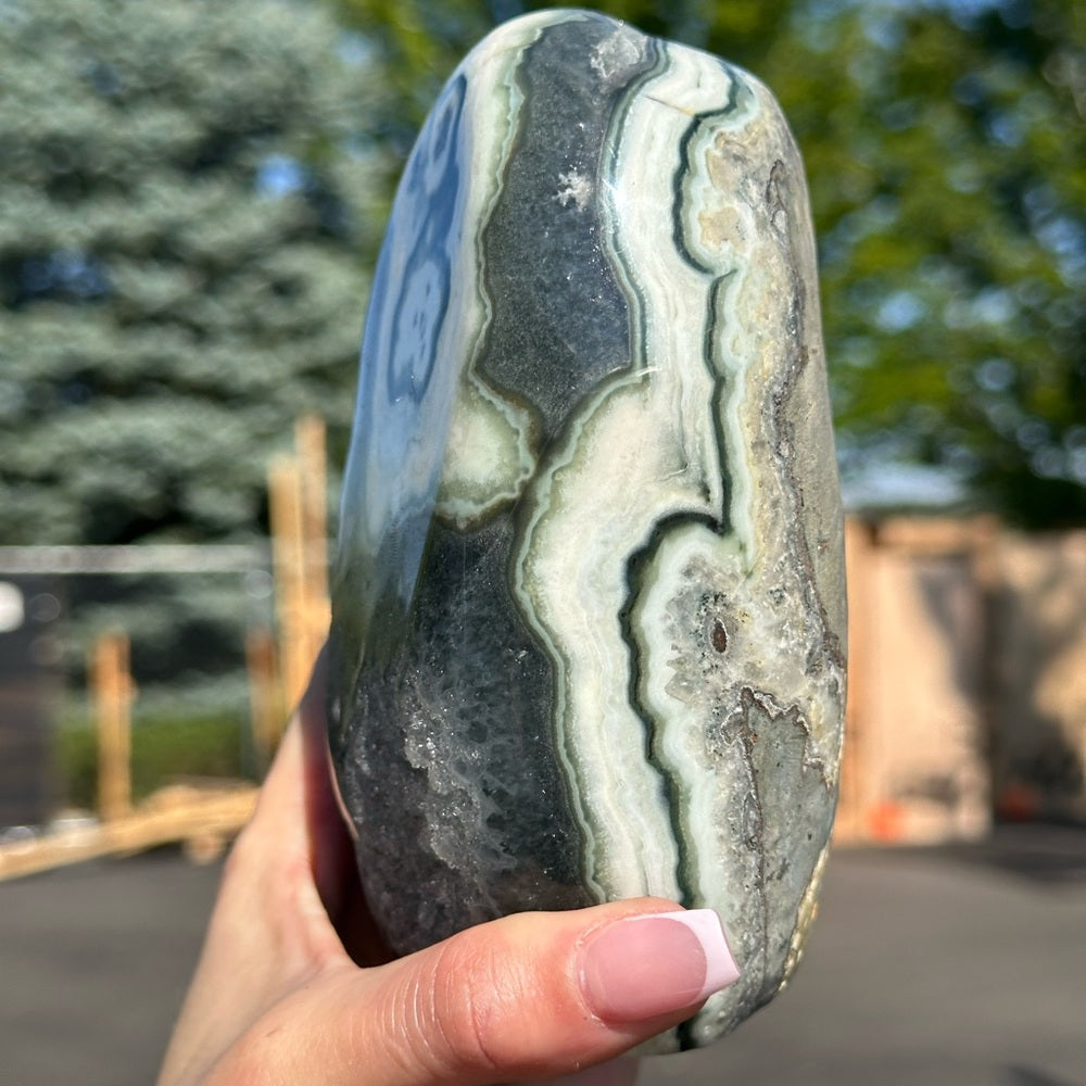 Grey with Green and White Agate Cut Base Crystal 🤍🌈